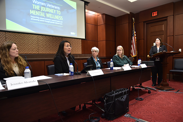 (From left to right) DAV member Jennifer Alvarado, Lindsey Monteith, Susan Strickland, Elizabeth Yano. At the podium is senior DAV leader Joy Ilem. (Photo courtesy of Disabled American Veterans)