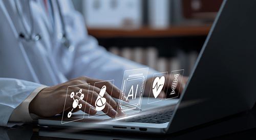 Doctor in a comfortable office using AI on laptop with infographics displayed
Photo credit: iStock/romanshashko