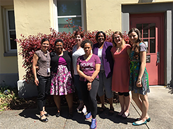 Dr. Callegari (left) with members of the MyPath Veteran Engagement Group and MyPath VA team members Sara Magnusson and Erica Tartaglione (right).