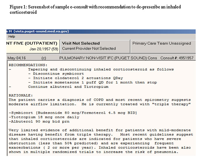 Screenshot of sample e-consult with recommendation to de-presribe an inhaled corticosteroid
