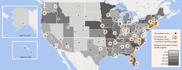 Figure: Uneven access to and uptake of LCS across VAMCs, 2013-19. Source: Boudreau et al, <em>Chest, </em>2021.  [Darker shading indicates greater screening in VA per 10,000 eligible.]