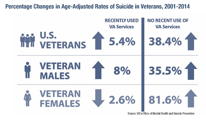 Percentage Changes in Age-Adjusted Rates of Suicide in Veterans, 2001-2014; Source: VAâ€™s Office of Mental Health and Suicide Prevention
