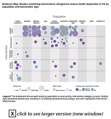 Evidence Map: Studies examining interventions designed to reduce health disparaties in VA by population and intervention type